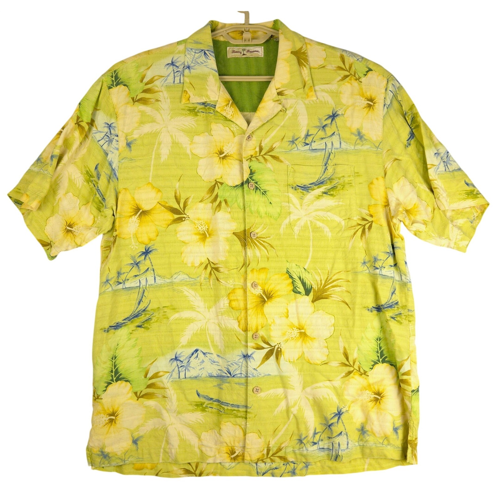 Tommy Bahama Mens Large Silk Camp Shirt Lime Green Hibiscus Tropical Island